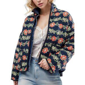 Women’s blue Cropped Puffer Quilted Jacket Floral Print Lightweight Coat